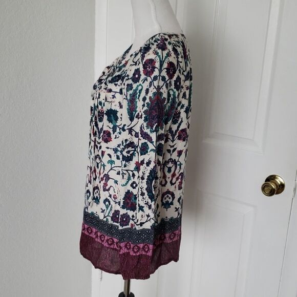 Lucky Brand Blue And Purple Leafy Patterned Women's Top - Picture 2 of 16